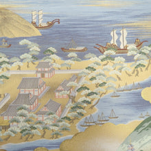 Load image into Gallery viewer, Fukuro Obi Gold White Blue Landscape Silk BB272V5
