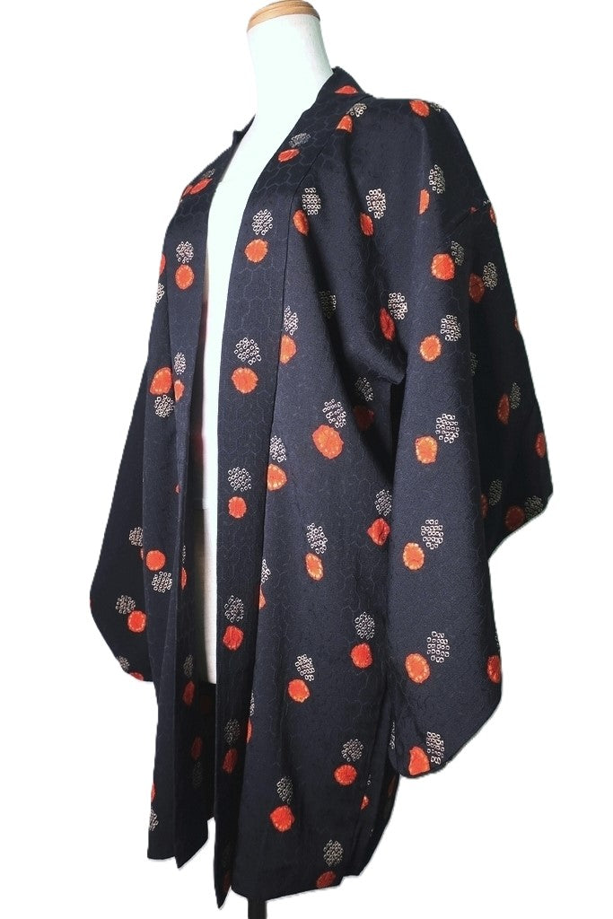 Haori Jacket Vintage(1950-1980) Black Shibori Bishamon Kikkou Silk #8704J2