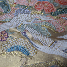 Load image into Gallery viewer, BB10004AB Silk Obi Fabric Crane Birds White Gold 50.0x10.6in(127x27cm)
