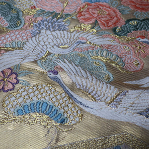 BB10004AB Silk Obi Fabric Crane Birds White Gold 50.0x10.6in(127x27cm)