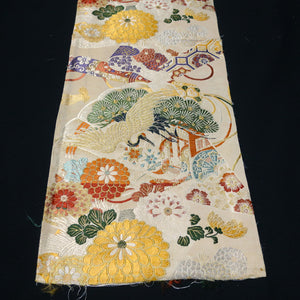 BB10035AC Silk Obi Fabric Vintage(1920-1950) Crane Birds Gold Green 72.0x10.6in(183x27cm)