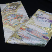 Load image into Gallery viewer, BB10004AB Silk Obi Fabric Crane Birds White Gold 50.0x10.6in(127x27cm)
