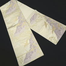 Load image into Gallery viewer, Fukuro Obi Vintage(1950-1980) White Gold Lavender Crane Birds Silk BB322V8
