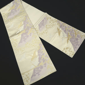 Fukuro Obi Vintage(1950-1980) White Gold Lavender Crane Birds Silk BB322V8