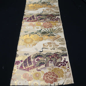 BB10045AD Silk Obi Fabric Crane Birds Gold Yellow 76.0x11.8in(193x30cm)