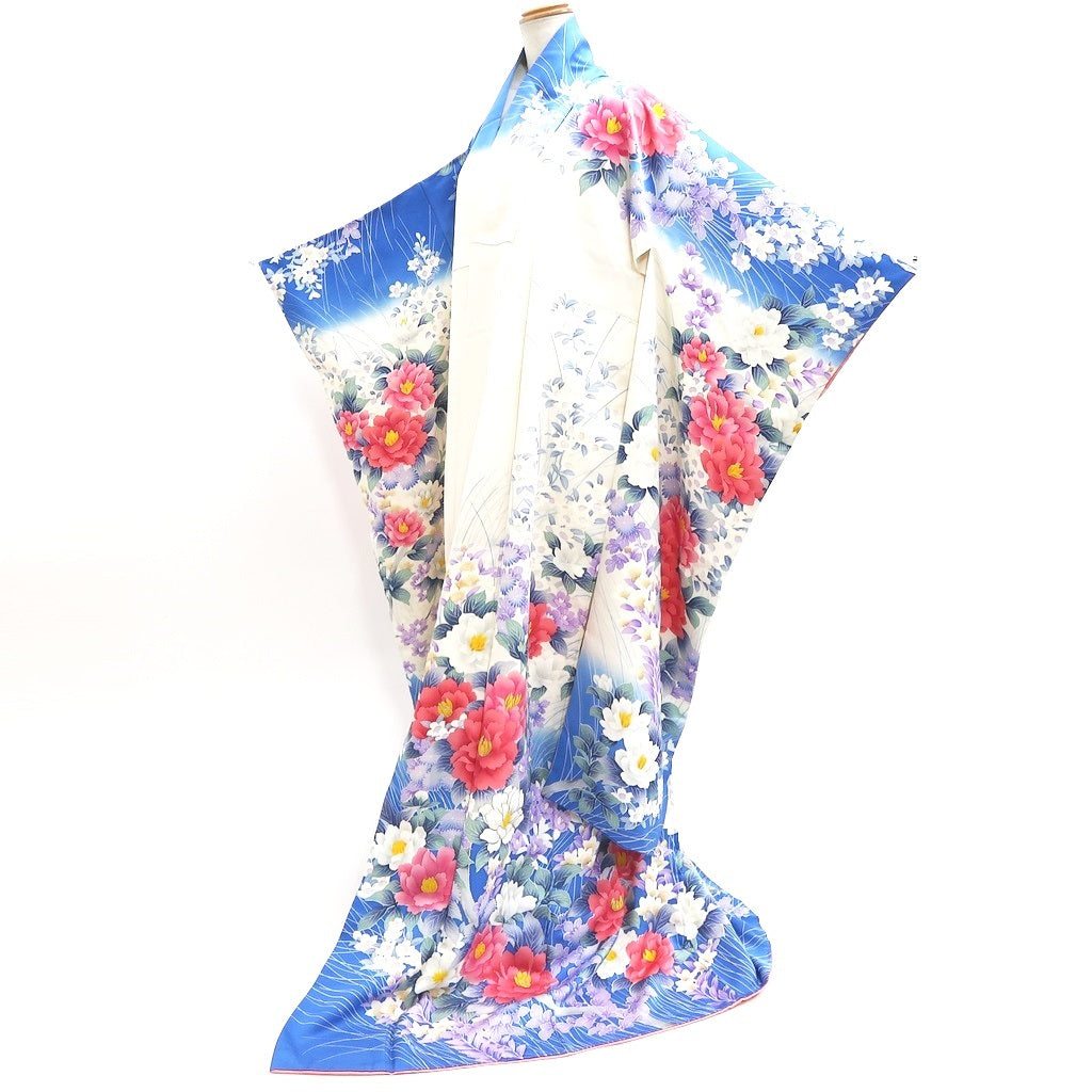 Furisode Blue White Peony Tall Silk #9698J4