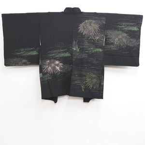 Haori Jacket Vintage(1950-1980) Black Gold Silver Chrysanthemum Silk #10186D5