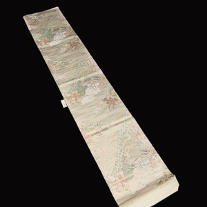 BB10015AB Silk Obi Fabric Zen Temple Landscape Gold Green 63.4x11.0in(161x28cm)