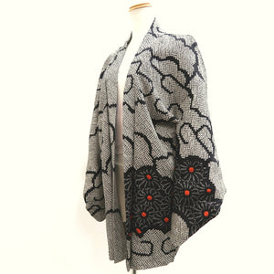 Haori Jacket Vintage(1950-1980) Black Shibori Cloud Chrysanthemum Silk #10022C4