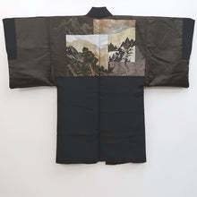 Load image into Gallery viewer, Men&#39;s Haori Vintage(1950-1980) Black Habutae Mountain Landscape Silk #9980C2
