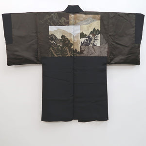 Men's Haori Vintage(1950-1980) Black Habutae Mountain Landscape Silk #9980C2