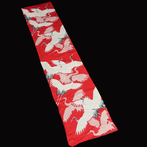 KK1489A2 Silk Kimono Fabric Vintage(1950-1980) Crane Birds Red 56.3x11.4in(143x29cm)