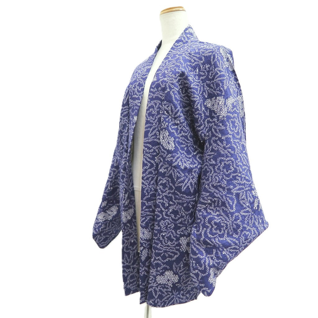 Haori Jacket Vintage(1950-1980) Blue Shibori Pine Tree Flower Silk #10583C1