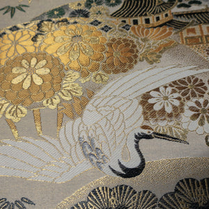 BB10045AD Silk Obi Fabric Crane Birds Gold Yellow 76.0x11.8in(193x30cm)