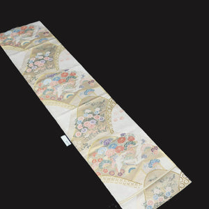 BB10005AB Silk Obi Fabric Crane Birds White Gold 52.4x10.6in(133x27cm)