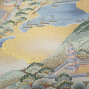 Fukuro Obi Gold White Blue Landscape Silk BB272V5