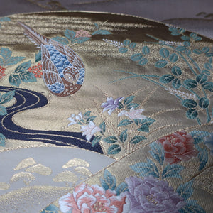 BB10025AC Silk Obi Fabric Crane Birds Gold 61.0x11.0in(155x28cm)