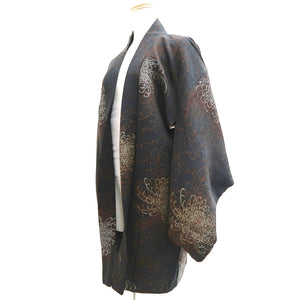 Haori Jacket Vintage(1950-1980) Black Gold Silver Rangiku Chrysanthemum Silk #9719A1