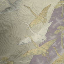 Load image into Gallery viewer, Fukuro Obi Vintage(1950-1980) White Gold Lavender Crane Birds Silk BB322V8
