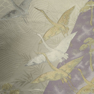 Fukuro Obi Vintage(1950-1980) White Gold Lavender Crane Birds Silk BB322V8