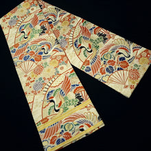 Load image into Gallery viewer, Maru Obi Vintage(1920-1950) Beige Gold Crane Birds Folding Fan Silk BB293V7
