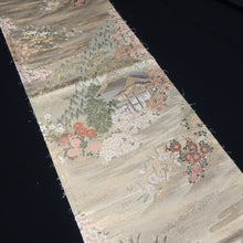 Load image into Gallery viewer, BB10015AB Silk Obi Fabric Zen Temple Landscape Gold Green 63.4x11.0in(161x28cm)
