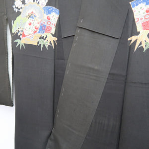 Tomesode Vintage(1920-1950) Black Hand painted Crane Birds Silk #10403A1