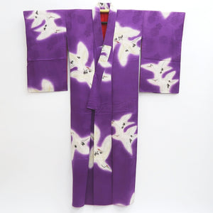 Kimono Vintage(1920-1950) Purple Crane Birds Hand painted Silk #9671J3