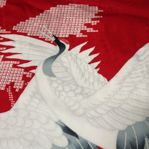 KK1489A2 Silk Kimono Fabric Vintage(1950-1980) Crane Birds Red 56.3x11.4in(143x29cm)