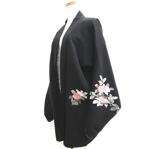 Haori Jacket Vintage(1950-1980) Black Camellia Branch Silk #10142D3