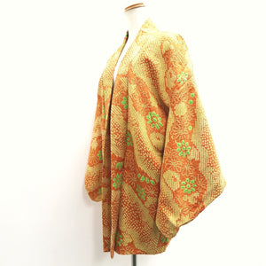 Haori Jacket Vintage(1950-1980) Yellow Light Brown Full Shibori Kiku Bamboo leaf Silk #10217E2