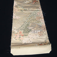 Load image into Gallery viewer, BB10015AB Silk Obi Fabric Zen Temple Landscape Gold Green 63.4x11.0in(161x28cm)
