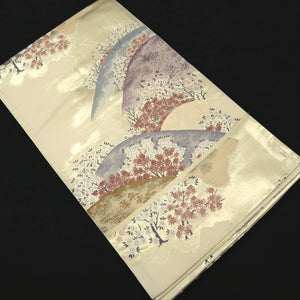 Fukuro Obi White Gold Mountain Landscape Silk BB303V8