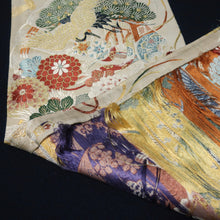 Load image into Gallery viewer, BB10035AC Silk Obi Fabric Vintage(1920-1950) Crane Birds Gold Green 72.0x10.6in(183x27cm)
