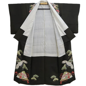 Tomesode Vintage(1920-1950) Black Hand painted Crane Birds Silk #10403A1