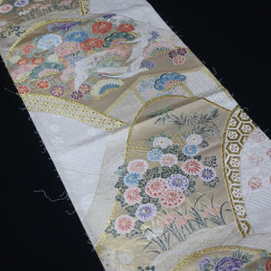 BB10005AB Silk Obi Fabric Crane Birds White Gold 52.4x10.6in(133x27cm)