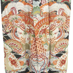 Tomesode Vintage(1920-1950) Black Crane Birds Hand painted Silk #10494B1