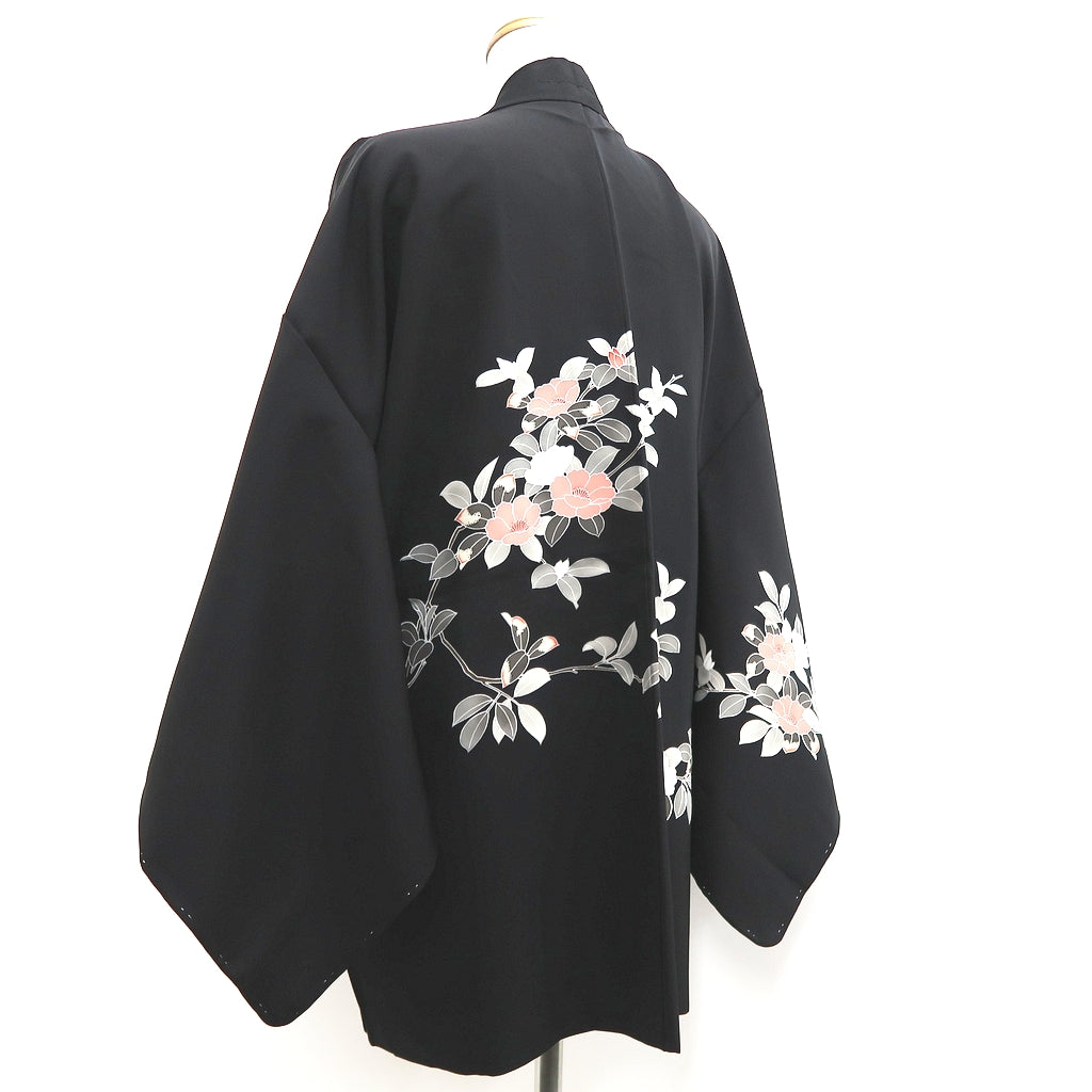 Haori Jacket Vintage(1950-1980) Black Camellia Branch Silk #10142D3
