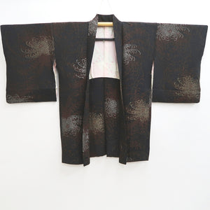 Haori Jacket Vintage(1950-1980) Black Gold Silver Rangiku Chrysanthemum Silk #9719A1