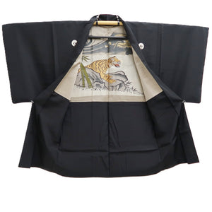 Men's Haori Vintage(1950-1980) Black Montsuki Dragon Tiger Silk #10438A3