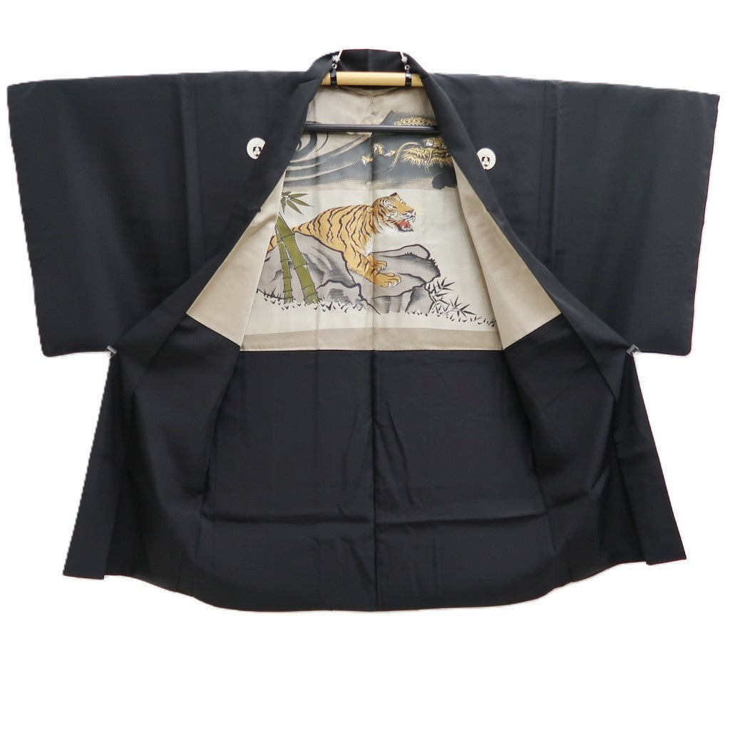 Men's Haori Vintage(1950-1980) Black Montsuki Dragon Tiger Silk #10438A3