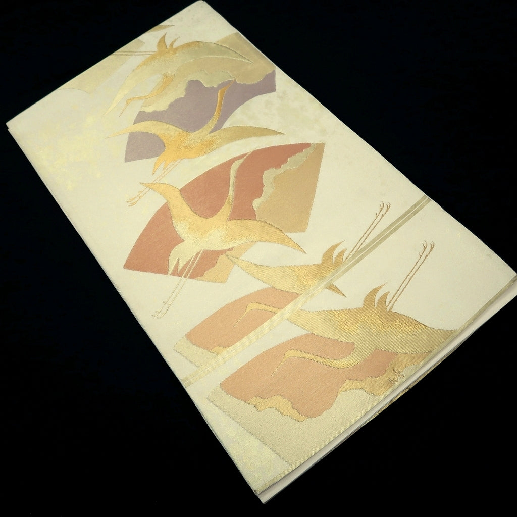 Fukuro Obi Gold Crane Birds Silk BB273V5
