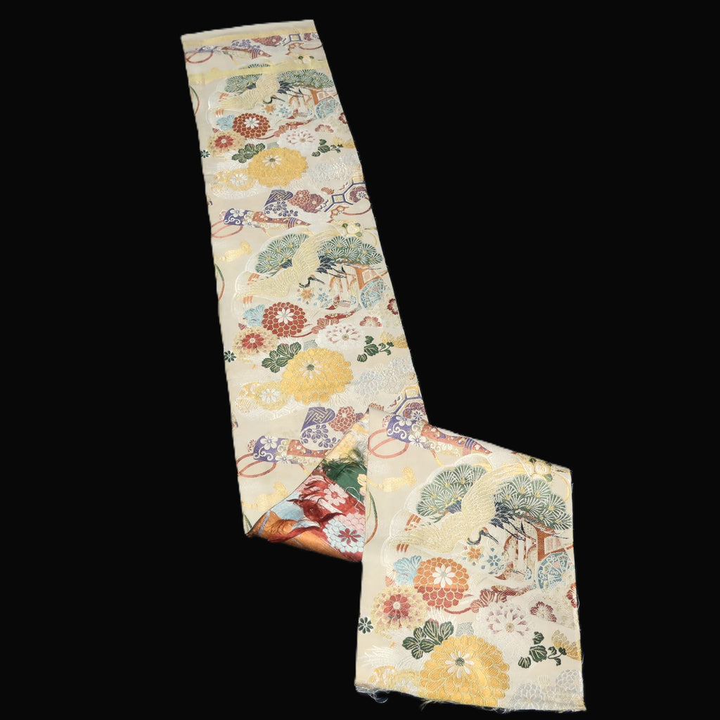 BB10036AC Silk Obi Fabric Vintage(1920-1950) Crane Birds Gold Green 76.8x10.6in(195x27cm)