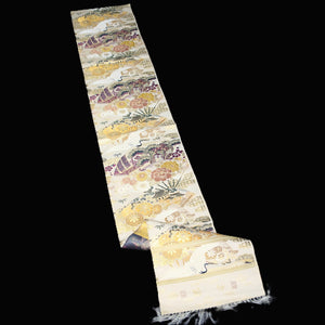 BB10046AD Silk Obi Fabric Crane Birds Gold Yellow 75.2x12.2in(191x31cm)