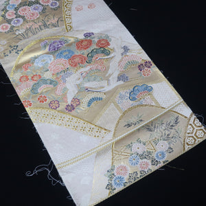 BB10005AB Silk Obi Fabric Crane Birds White Gold 52.4x10.6in(133x27cm)