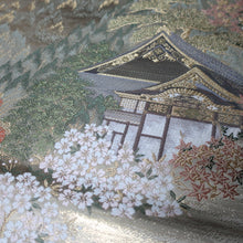 Load image into Gallery viewer, BB10015AB Silk Obi Fabric Zen Temple Landscape Gold Green 63.4x11.0in(161x28cm)
