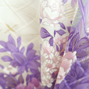 Furisode White Lavender Bird Flower Yamato Silk #10553B4