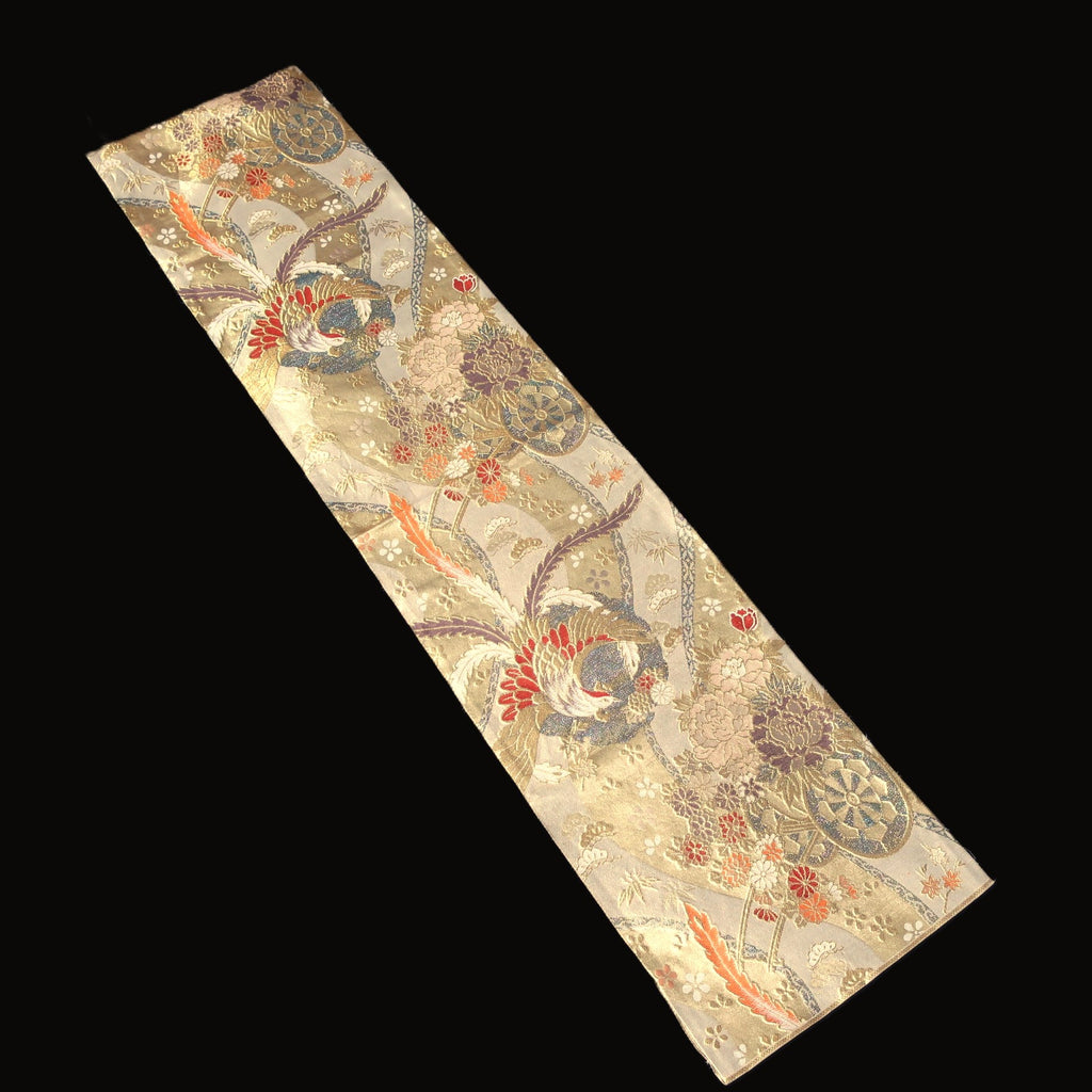 BB10086AF Silk Obi Fabric Phoenix Gold Beige 50.0x10.6in(127x27cm)