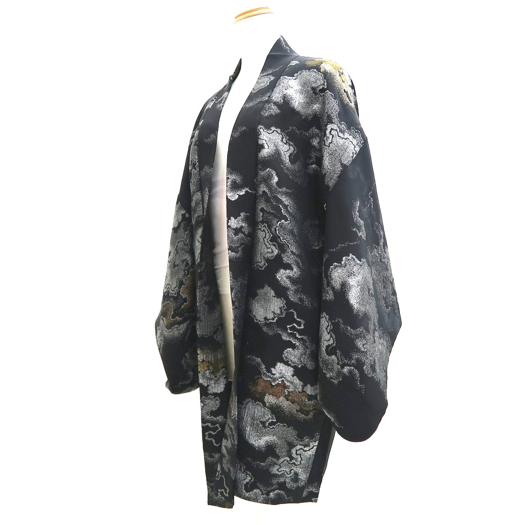Haori Jacket Vintage(1950-1980) Black Silver Gold Cloud Silk #9755A3