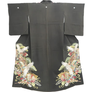 Tomesode Vintage(1920-1950) Black Hand painted Crane Birds Silk #10403A1